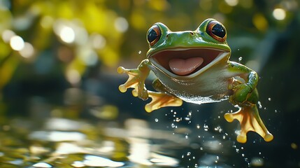 Excited frog mid-jump over water with splashes and blurred green photo background amphibian