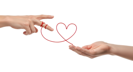 Isolated symbol of fate sharing of love with red string of destiny in hand isolated