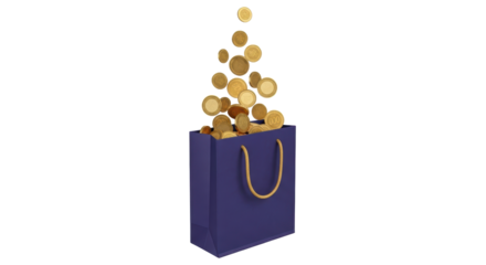 Isolated shopping bag full of golden coins and more flying above, a concept related to finance