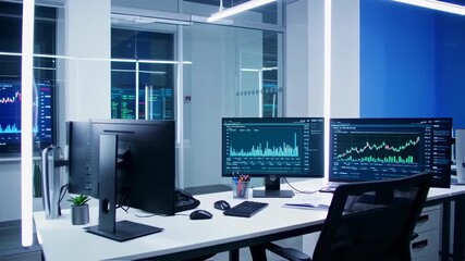 Trading room with multiple computer screens displaying financial data and charts for business analysis in modern office footage. - Powered by Adobe