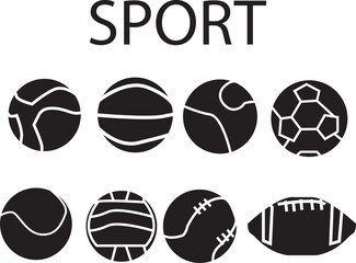 Fototapeta premium “Collection of black and white sport ball icons in minimalist style. Set includes basketball, volleyball, soccer, tennis, rugby, American football, and baseball symbols. Simple flat design isolated on