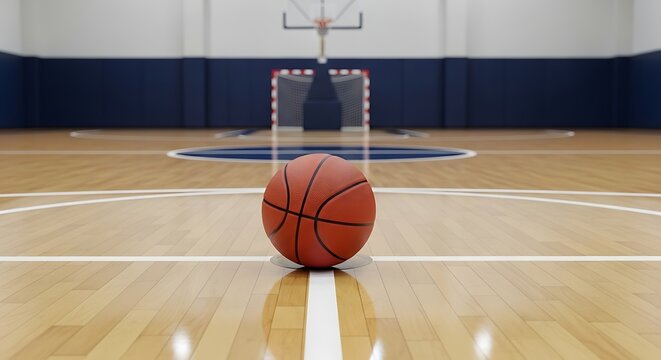 Basketball on Hardwood Court Near Basket. - Powered by Adobe