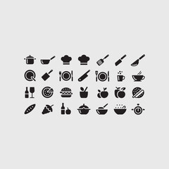 Collection of black cooking and food icons on gray background
