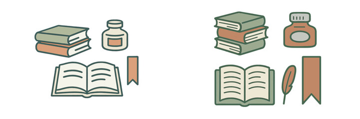 Collection of reading and writing icons featuring stacked books, open book, ink bottles, quill pen, and bookmarks