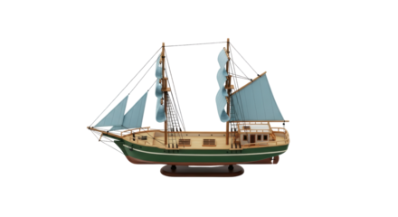 Isolated Wooden Ship Model Artfully Crafted With Fabric Sails, Detailed Maritime Recreation