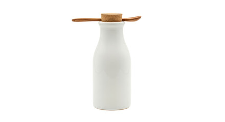 Isolated cruet, wooden teaspoons and cork stopper, condiment bottle, olive oil dispenser