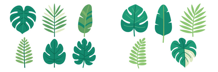 A vibrant and diverse collection of lush green tropical plant leaves and exotic botanical foliage elements