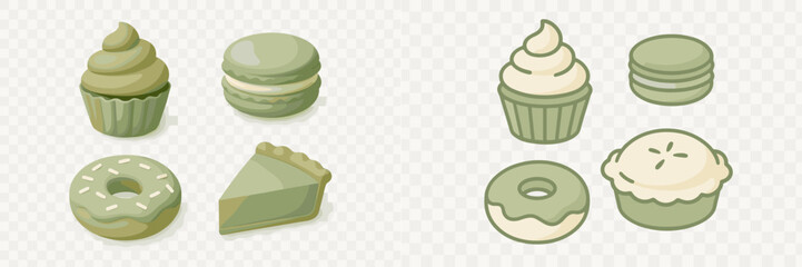 Assortment of green cupcakes, macarons, donuts, and pie slices presented in two distinct digital styles