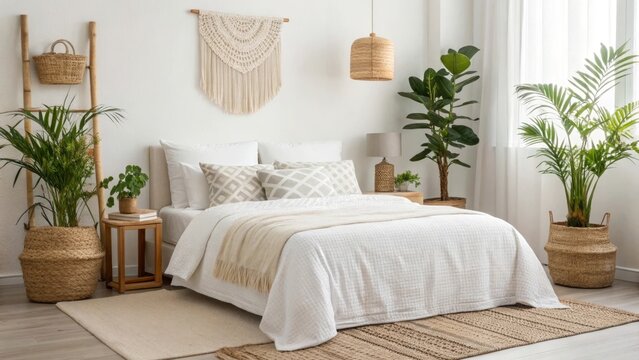 Create a serene bohemian chic bedroom with white bedding lush plants and woven textures in a calm environment for ultimate relaxation