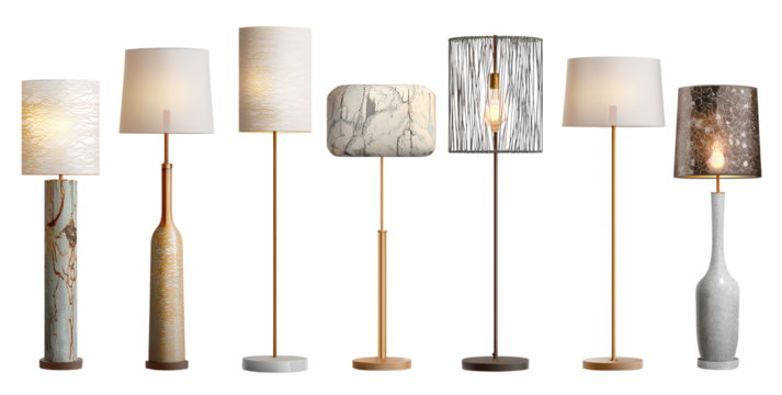  set of different modern floor lamps isolated on a transparent background, cutout as a png file with a white background 