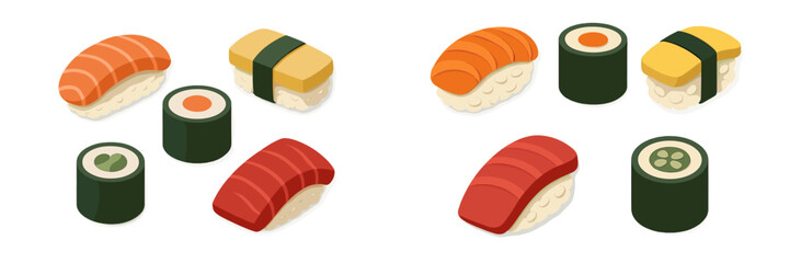 Assortment of traditional Japanese sushi and maki rolls including salmon, tuna, tamago nigiri, and cucumber maki © Mark