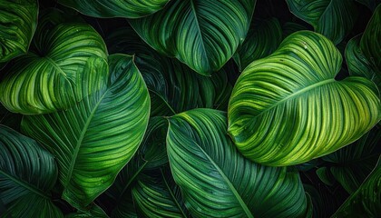 Lush Green Tropical Foliage Background Displaying Detailed Veins and Natural Patterns with Vibrant Color Gradients and Dense Leaf Arrangement