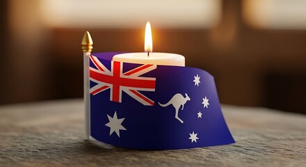Australian flag with lit candle, symbolizing remembrance and national pride.