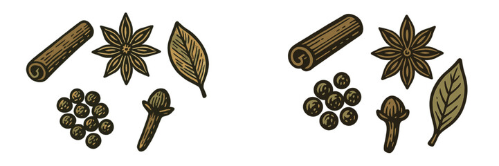 Assortment of aromatic culinary spices including cinnamon, star anise, bay leaf, peppercorns, and cloves