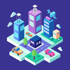 Isometric city buildings with cars and trees vector