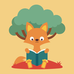 Orange fox reading book under green tree vector