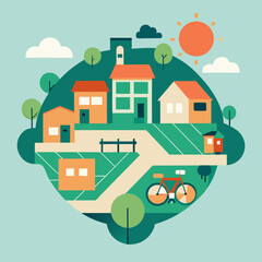 Orange houses green trees sunny day village clouds