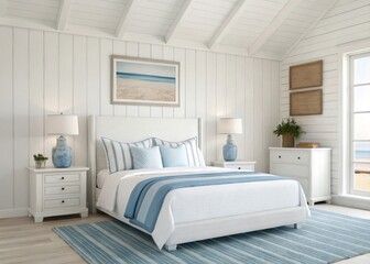 Create a coastal-style bedroom with a white and blue palette featuring soft fabrics clean spaces and beach-inspired art