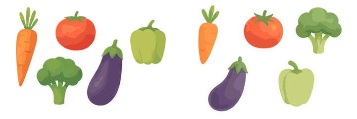Vibrant collection of fresh healthy organic vegetables including carrots, tomatoes, broccoli, eggplants, and bell peppers