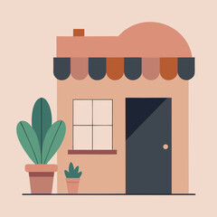 Peach building with plants and awning exterior potted plants