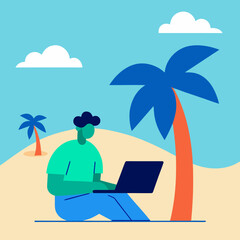 Person working on laptop by palm trees beach ocean