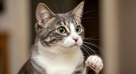 Fototapeta premium Adorable tabby cat with raised paw looking curious and playful.