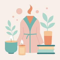 Pink robe teal candles potted plants book stack self care