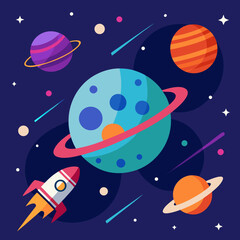 Rocket journey through colorful planets and stars space