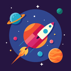Rocket journey through colorful planets and stars space