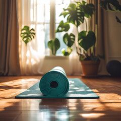 Obraz premium Serene wellness concept featuring yoga mat, sunlight, and green plant symbolizing balance and relaxation