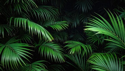 Naklejka premium Lush Green Tropical Palm Leaves with Subtle Golden Bokeh Dots on a Dark Background Nature Foliage Botanical Backdrop