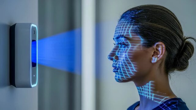A woman's face scanned by a digital grid for facial identification technology