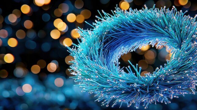 Abstract Teal Blue Glowing Circular Fiber Wreath with Gold Bokeh on Black Background