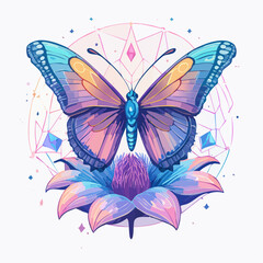 Vibrant butterfly on a flower, geometric mandala design.
