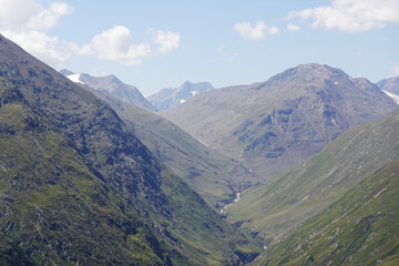 Naklejka premium The view of the end of Oetztal valley, from Breslauer Huette, the Austrian Alps 