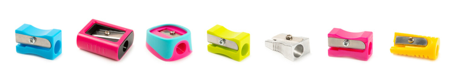 Pencil sharpener isolated on white background. Pencil and pencil shavings. Stationery. School...