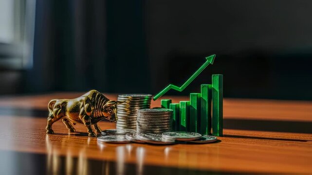 Bull figurine standing near coin stacks and green rising graph bars with arrow on wooden table, financial market footage