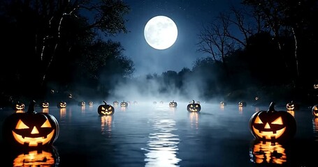 Spooky halloween night scene with glowing pumpkins floating on a misty moonlit lake - Powered by Adobe