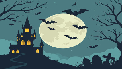 Spooky Night Haunted Mansion Background with Full Moon and Bats