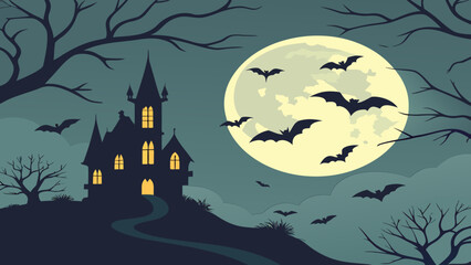 Spooky Night Haunted Mansion Background with Full Moon and Bats