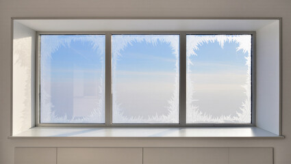 Fototapeta premium Frosted windows reveal a serene winter landscape at dawn