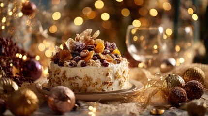 Christmas cake on a decorated table with bokeh lights in the background