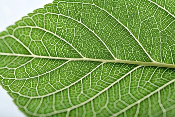 Close up view of a vibrant green leaf with detailed vein structure