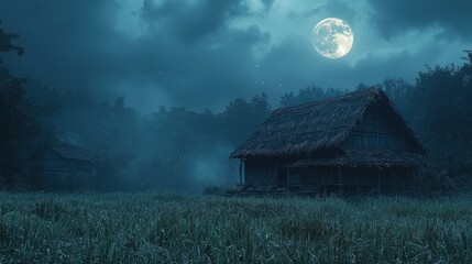 Rural Thatched Roof Hut Under Full Moon in Moody Landscape
