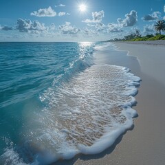 Ocean Wave Rolling Onto Sandy Beach with Bright Sun and Clouds
