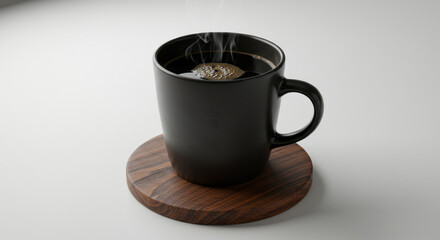 A steaming black mug of coffee sits on a wooden coaster.
