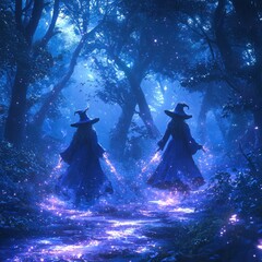 Witches Casting Spells in Enchanted Forest with Magical Glowing Lights