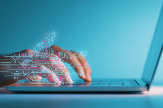 Close-up of hands typing on laptop with abstract circuit board lines overlay, symbolizing technology, data, and innovation against a blue digital background. - Powered by Adobe