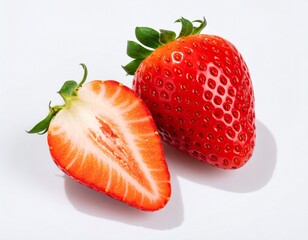 Fresh Whole Strawberry with Sliced Wedge on White Background
