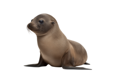 Young brown fur seal pup sitting and looking to the left isolated on a transparent background animal